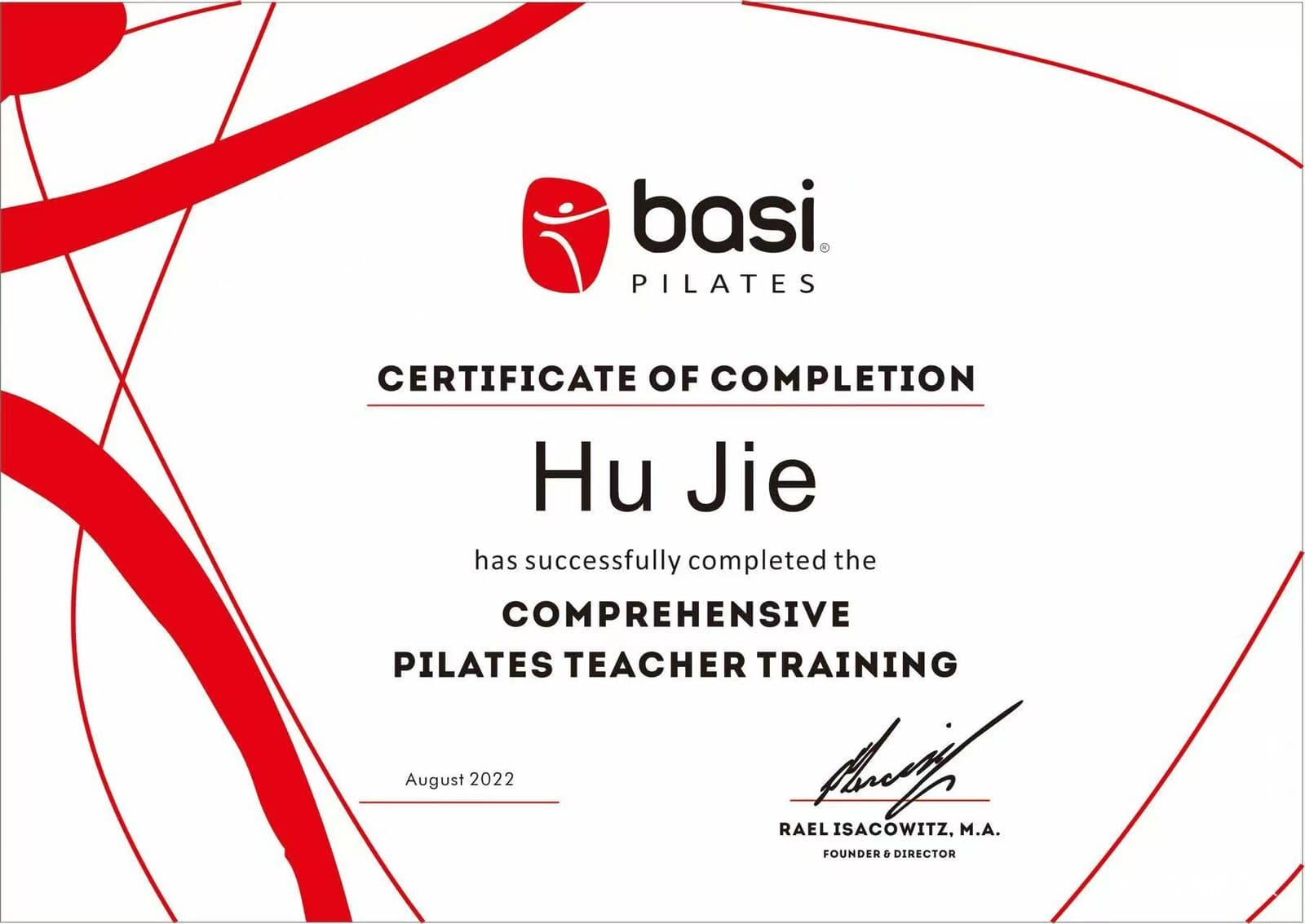 Hu Jie BASI Pilates 综合普拉提教师训练完成证书