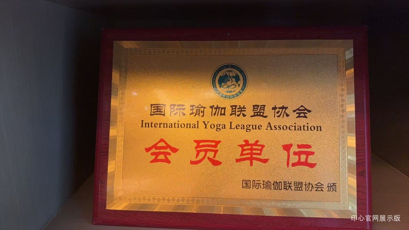 印心瑜伽普拉提国际瑜伽联盟协会会员单位证书